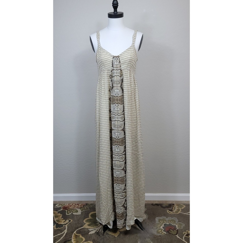 Ellavie Maxi Dress Womens 8 Cream Silk Paisley Geometric Mixed Print Sleeveless